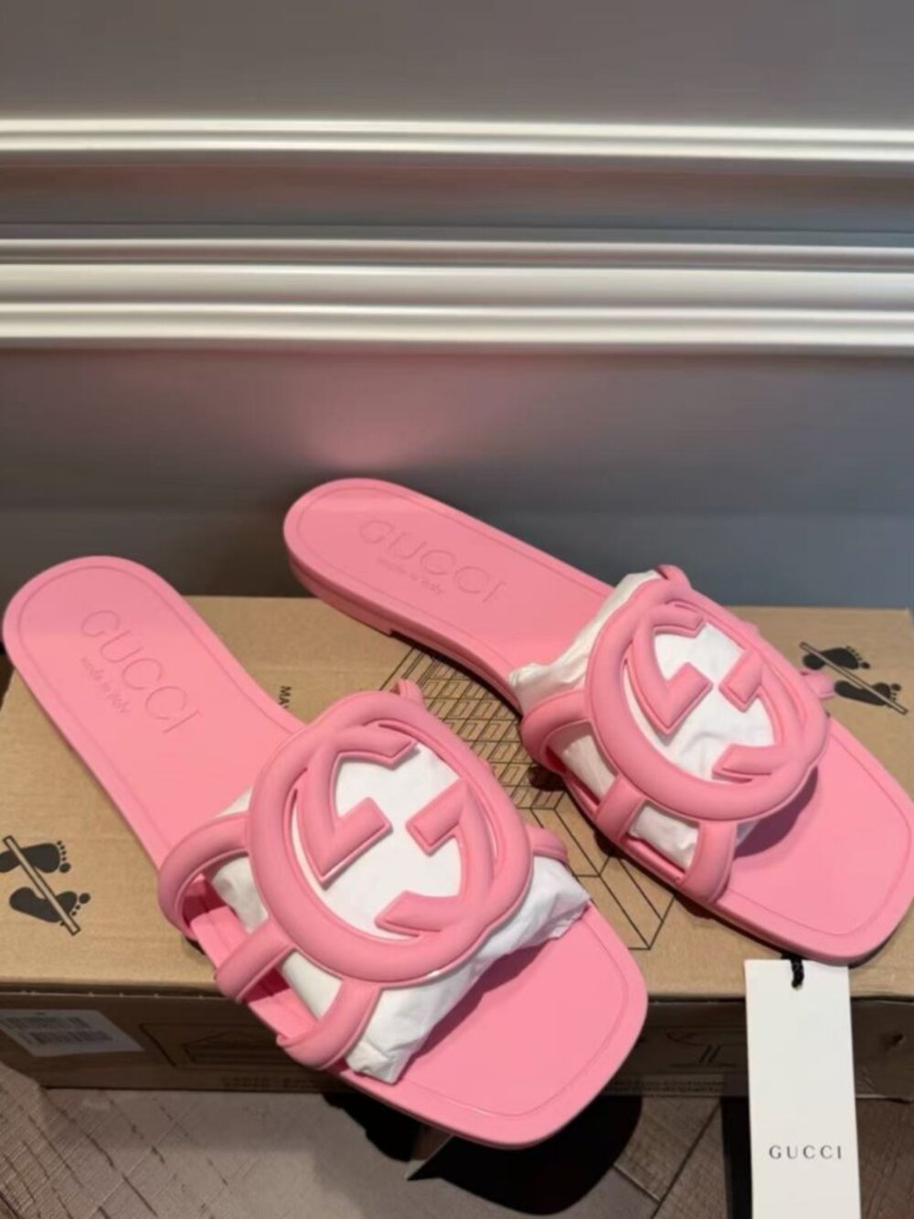 Gucci Pink Interlocking GG Rubber Flat Slides